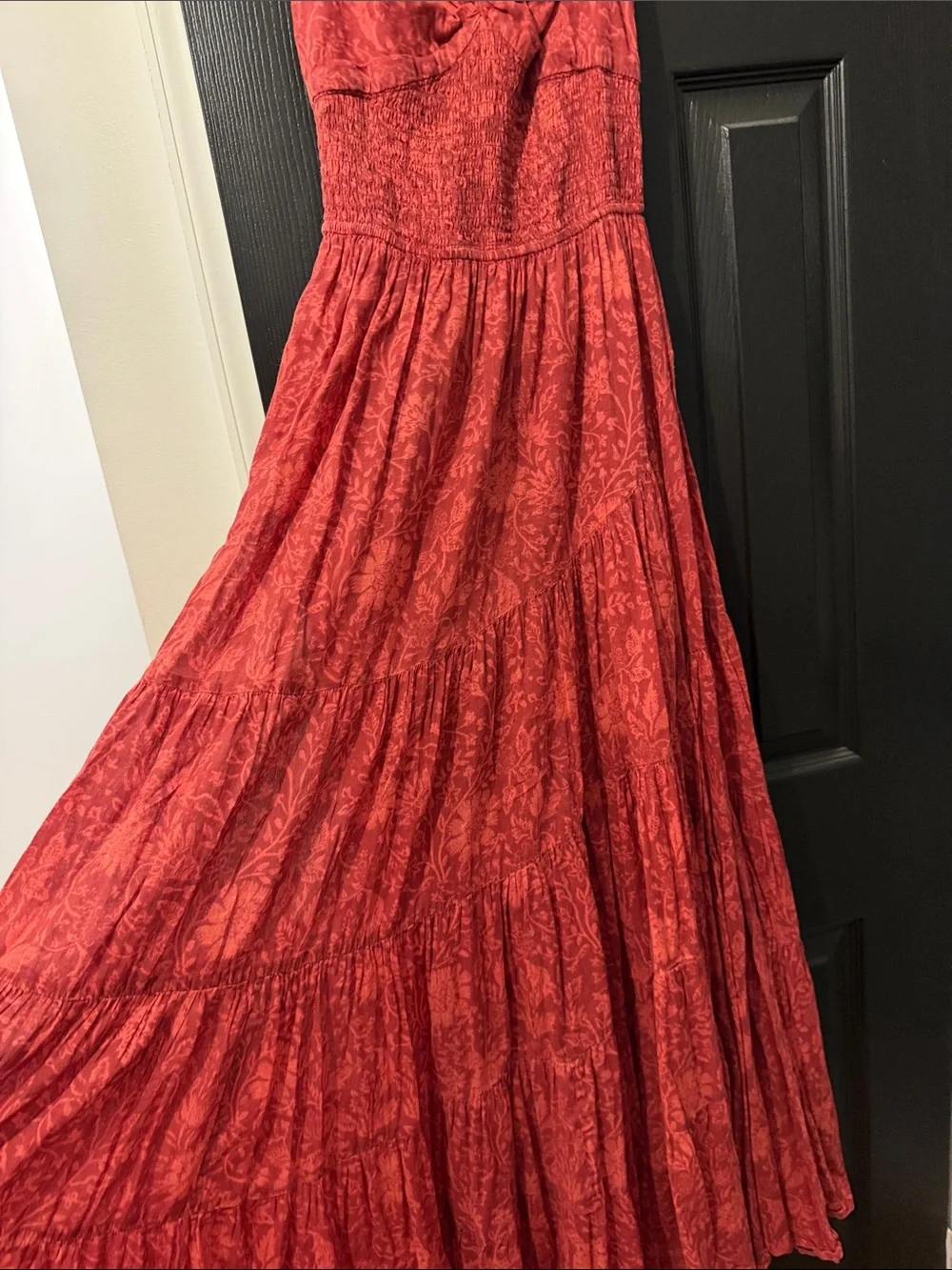 Free People Red Floral Tiered Maxi with Smocked Waist and Spaghetti Straps
